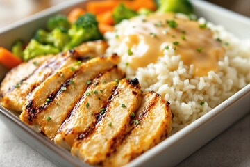 Grilled chicken served with white rice, creamy sauce, and steamed vegetables in a bowl on a light surface. Concept of healthy and balanced meal. Ai generative