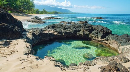 Serene Seaside Pool with Clear Water and Rocky Shoreline