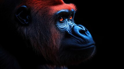 Red-lit gorilla gazes intensely against dark background.