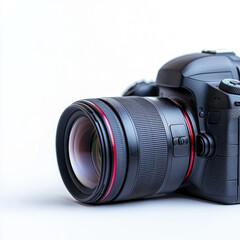 Fototapeta premium Close up of professional camera with lens on white background