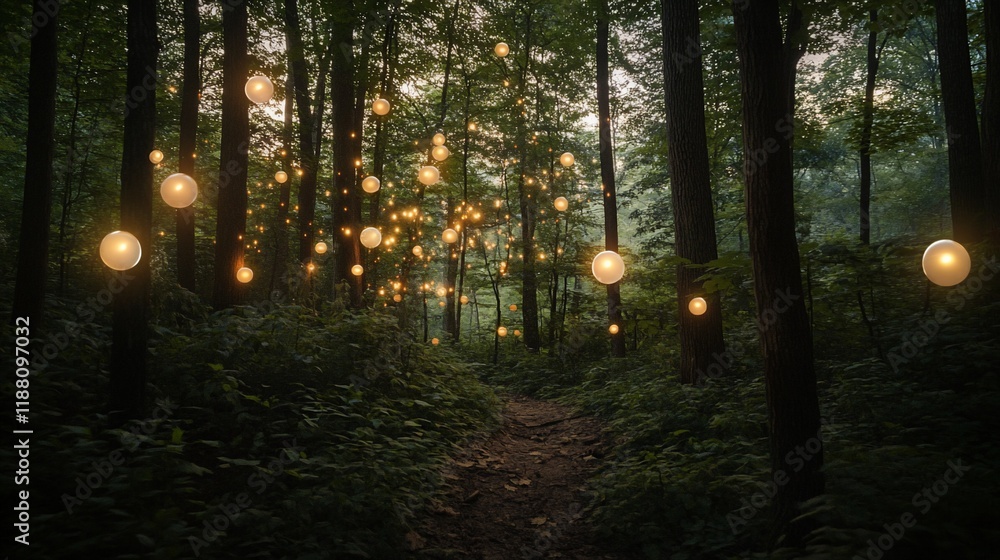 Poster enchanting path through a dark forest illuminated by glowing orbs.