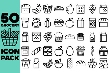 Obraz premium Grocery Icons Set – Flat Vector Design of Food, Shopping Cart, Vegetables, and Supermarket Items