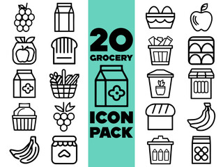 Minimalist Grocery Icons – Collection of Fresh Produce, Shopping Basket, and Retail Symbols in Flat Style