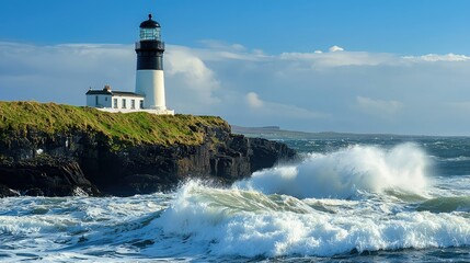 Obraz premium Dramatic Seascape with Lighthouse Against Blue Sky and Waves