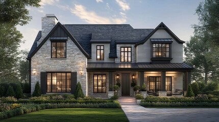 Luxurious two-story house with stone facade, dark windows, and a covered porch at dusk.