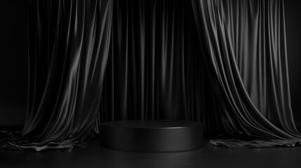 Podium presentation setup featuring black backdrop and elegant curtain in digital art style showcasing product