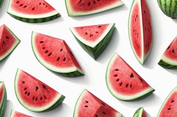 Slices of juicy watermelon arranged on white background.