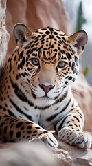 Obraz premium Majestic Jaguar Resting On A Rock