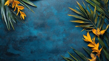 Tropical yellow flowers and palm leaves frame on a dark blue background.