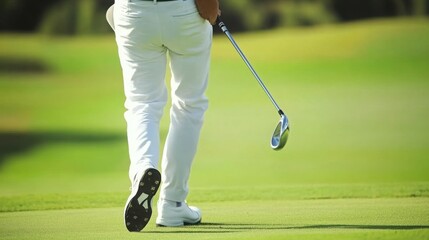 Golfer swinging club on vibrant green course, showcasing focus, precision, and the essence of outdoor sportsmanship in a serene natural setting.