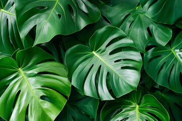 Obraz premium Lush green tropical monstera leaves background texture.
