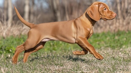 Adorable light brown puppy running in grassy field.