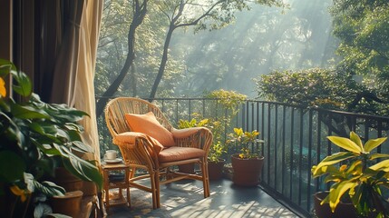 Obraz premium Serene balcony view with wicker chair, plants, and morning sunlight.