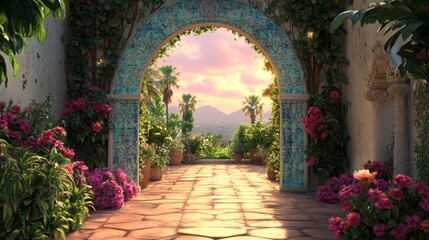 Fototapeta premium Serene Garden Archway Sunset Mountain View