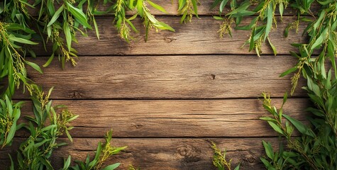 Fresh green branches frame rustic wooden background.