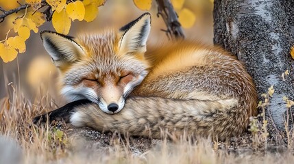 Naklejka premium Red fox sleeping peacefully under autumn leaves near a tree trunk.