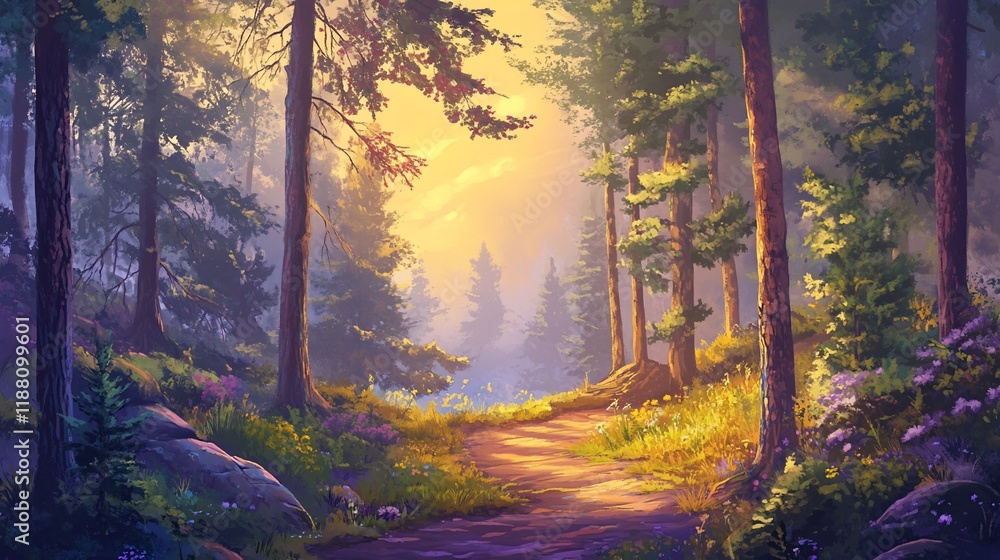 Poster sunlit path through a misty forest.