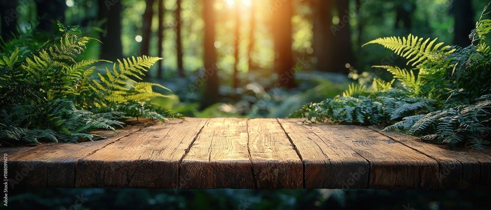 Poster a wooden platform extends into a lush forest scene, with ferns framing the foreground and sunlight f