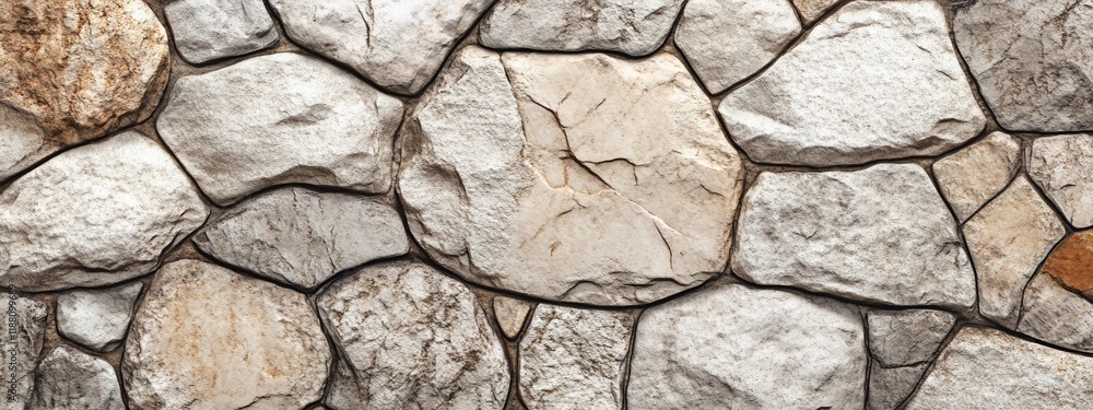 Poster close-up of a rustic stone wall texture with various shapes and sizes of light-colored stones.