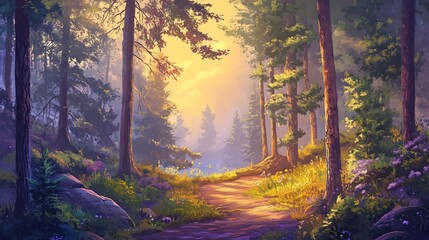 Obraz premium Sunlit path through a misty forest.