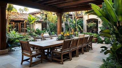 Obraz premium Long wooden table with chairs on patio under pergola, surrounded by lush tropical plants and a grand house.