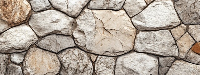 Obraz premium Close-up of a rustic stone wall texture with various shapes and sizes of light-colored stones.