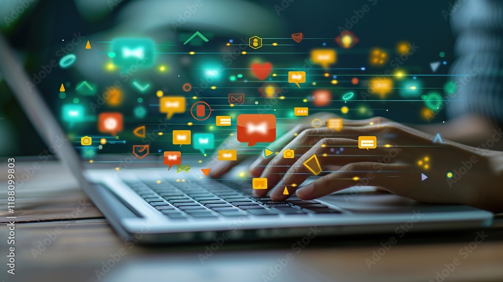 Aufkleber closeup view of hands typing messages on keyboard with chat bubbles overlay