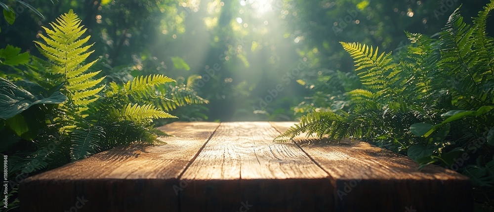 Poster sunlit wooden platform surrounded by lush green ferns in a forest, with soft focus sunlight filterin
