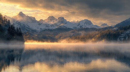 Fototapeta premium Serene Mountain Landscape with Mist Over Calm Reflective Lake