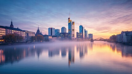 Obraz premium Serene Sunrise Over Frankfurt Skyline and River Reflections