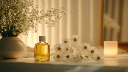 Golden Oil Bottle with Daisies: Serene Spa Still Life