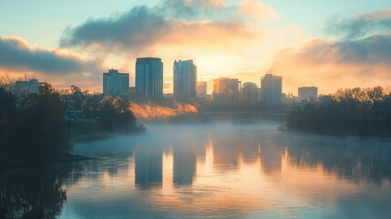 Obraz premium Serene Sunrise Over City Skyline with Reflective River Waters