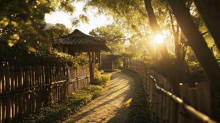 Sunlit path through a tranquil Asian garden with bamboo fence and traditional house.