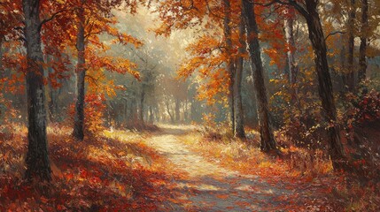 Obraz premium Serene Autumn Pathway Through Vibrant Forest with Golden Leaves