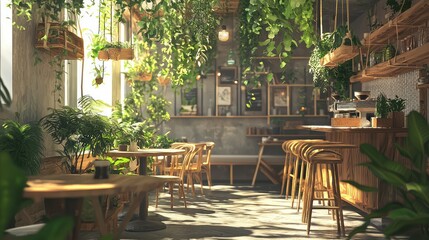Cozy Indoor Cafe with Lush Green Plants and Warm Light