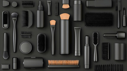 Black beauty tools and cosmetics arranged on dark background, flat lay for website banner or magazine