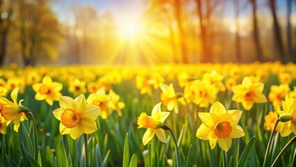 Fototapeta premium Blooming daffodil field with vibrant yellow petals and green foliage in a sunny meadow, nature, outdoors, nature