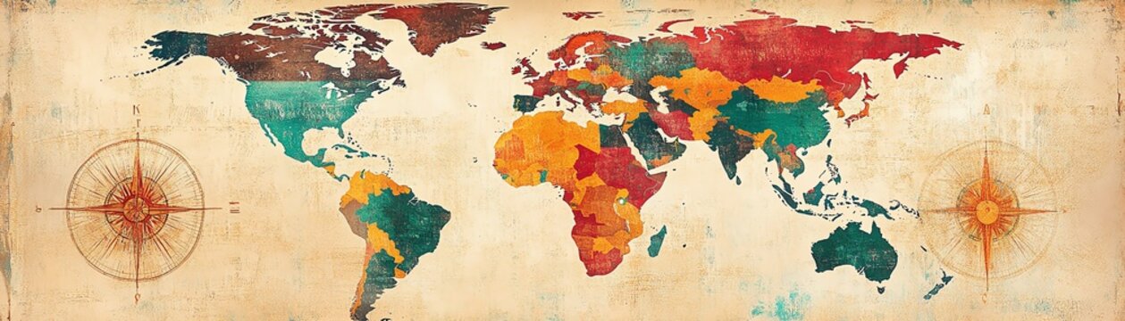 Illustration artistique de carte du monde composee de tampons de passeport diversifies, style exploration retro, isolee