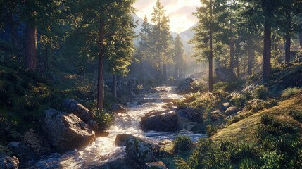 Obraz premium Tranquil Stream Flowing Through Lush Green Forest Landscape