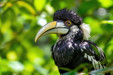 Obraz premium A close-up of a hornbill bird with striking beak and plumage, set against a vibrant green leafy background. Concept of wildlife and nature. Ai generative