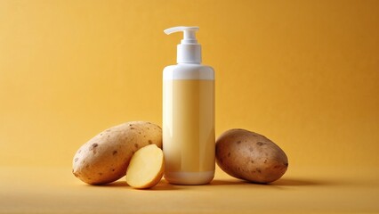 Beige dispenser with a bunch of potatoes on a clean beige background
