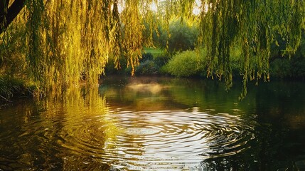 Fototapeta premium Serene Reflection on Calm Water Surrounded by Lush Willows