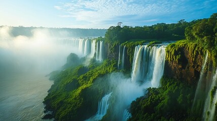 Naklejka premium Iguazu Falls: Serene Majestic Waterfalls Cascading Through Lush Green Rainforest