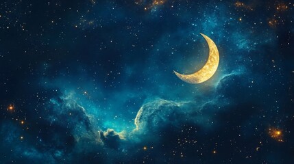 Fototapeta premium Golden Crescent Moon In A Starry Night Sky