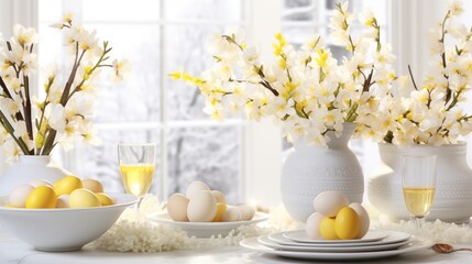Easter brunch table with spring flowers and decorations, hard light, light background with space in the middle of the frame,generative ai illustration