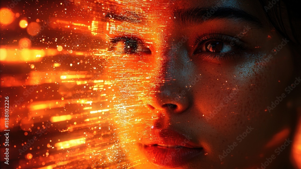 Poster a close-up portrait of a woman's face with a digital overlay of glowing orange particles, creating a