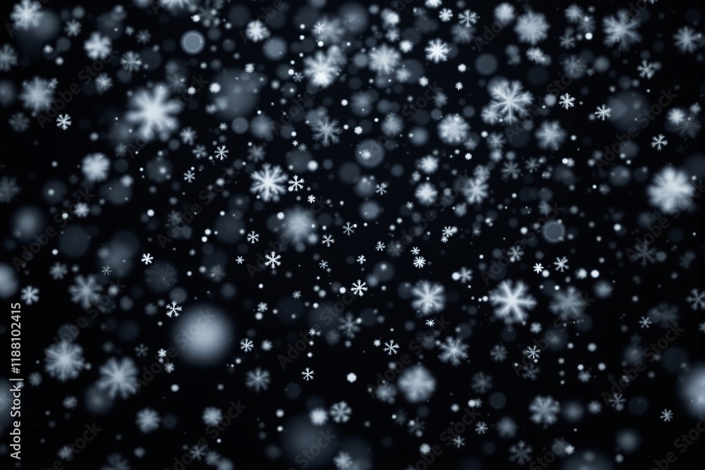 Poster falling snowflakes of various sizes and glowing highlights scattered across a seamless dark backgrou