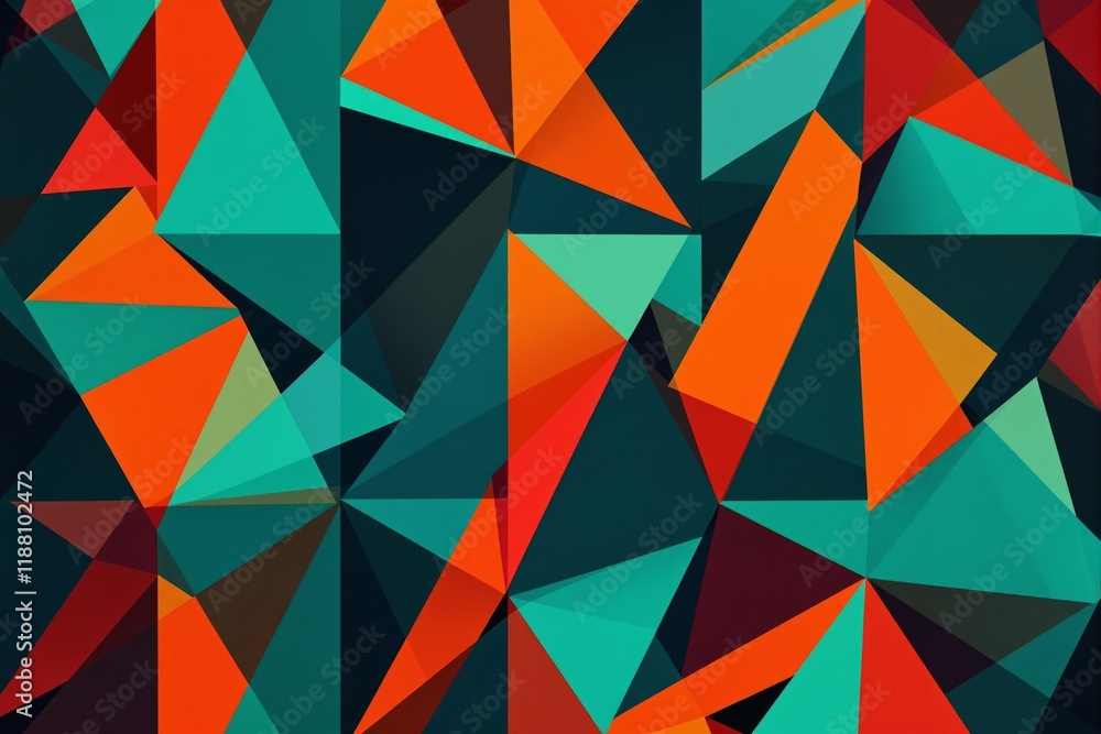 Poster pattern of overlapping orange and teal triangles, abstract graphic style, dark background, concept o