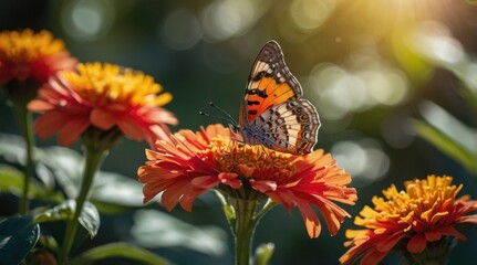Obraz premium A brightly colored butterfly sits delicately on a vibrant pink flower in a serene garden setting. The warm afternoon sunlight creates a charming atmosphere perfect for a romantic, macro photo