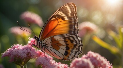 Obraz premium A brightly colored butterfly sits delicately on a vibrant pink flower in a serene garden setting. The warm afternoon sunlight creates a charming atmosphere perfect for a romantic, macro photo